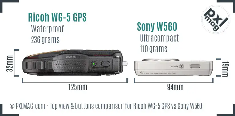 Ricoh WG-5 GPS vs Sony W560 top view buttons comparison