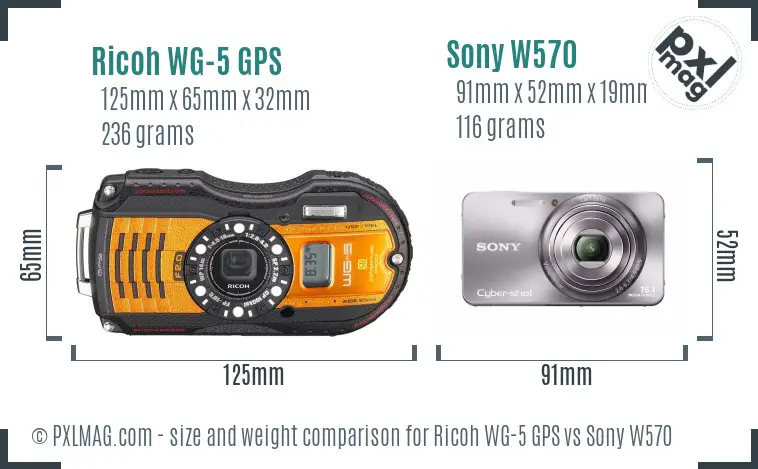 Ricoh WG-5 GPS vs Sony W570 size comparison