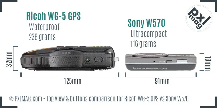 Ricoh WG-5 GPS vs Sony W570 top view buttons comparison
