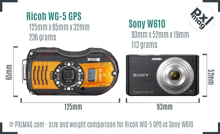 Ricoh WG-5 GPS vs Sony W610 size comparison