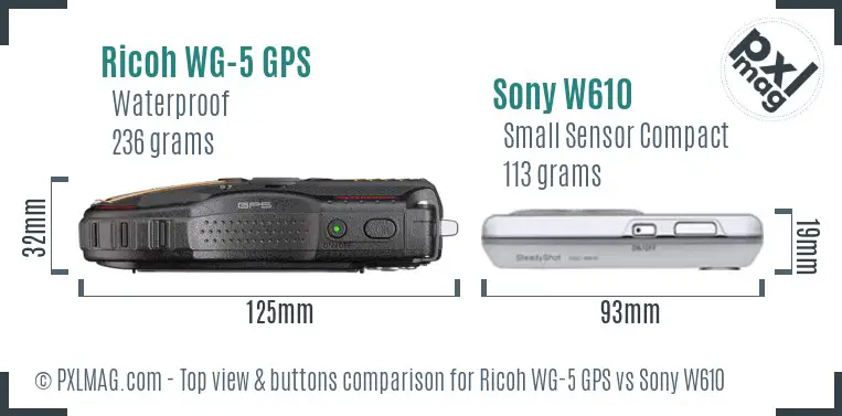 Ricoh WG-5 GPS vs Sony W610 top view buttons comparison