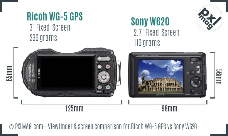 Ricoh WG-5 GPS vs Sony W620 Screen and Viewfinder comparison