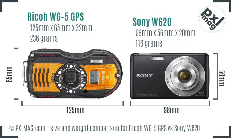 Ricoh WG-5 GPS vs Sony W620 size comparison