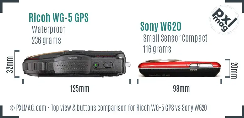 Ricoh WG-5 GPS vs Sony W620 top view buttons comparison