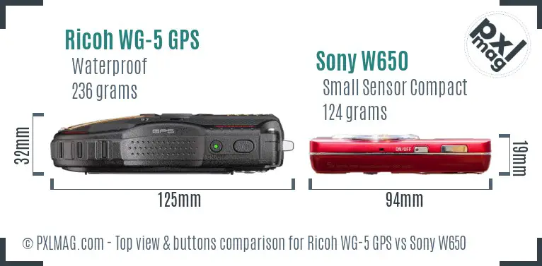 Ricoh WG-5 GPS vs Sony W650 top view buttons comparison