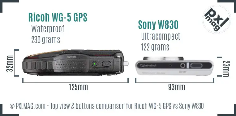 Ricoh WG-5 GPS vs Sony W830 top view buttons comparison