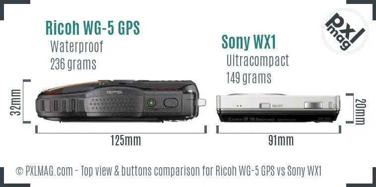 Ricoh WG-5 GPS vs Sony WX1 top view buttons comparison