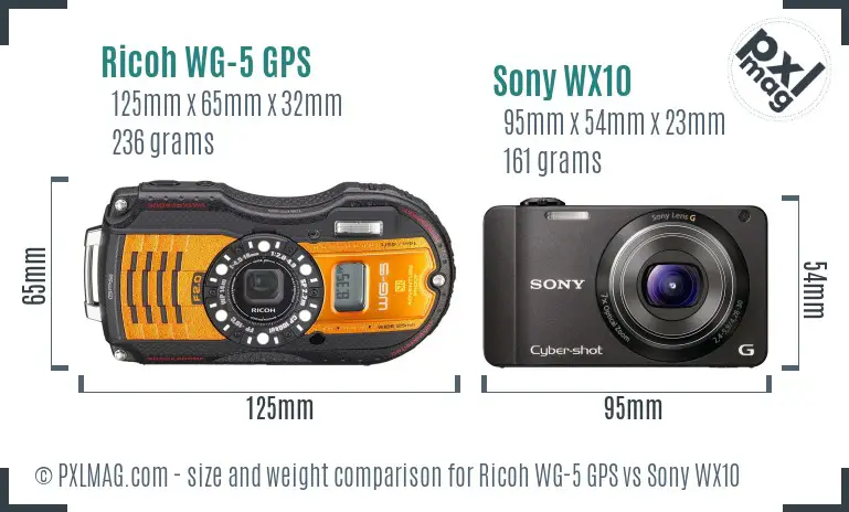Ricoh WG-5 GPS vs Sony WX10 size comparison