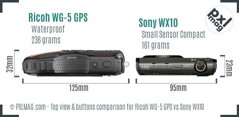 Ricoh WG-5 GPS vs Sony WX10 top view buttons comparison