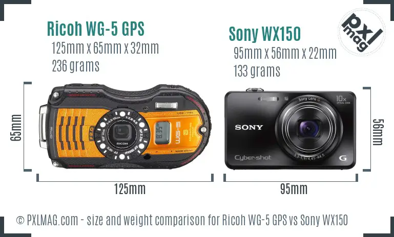 Ricoh WG-5 GPS vs Sony WX150 size comparison