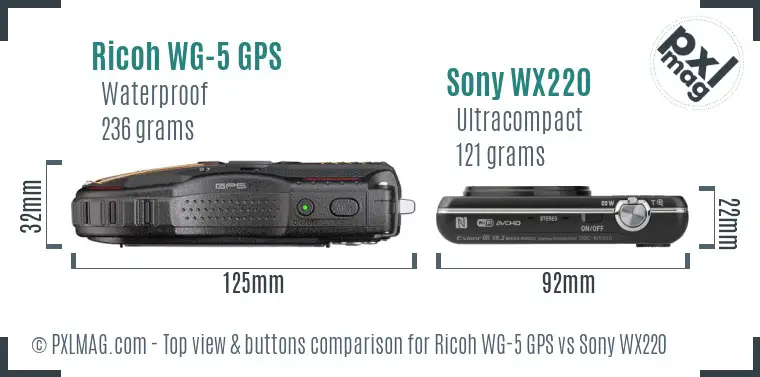 Ricoh WG-5 GPS vs Sony WX220 top view buttons comparison