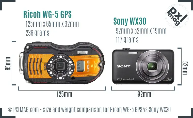 Ricoh WG-5 GPS vs Sony WX30 size comparison