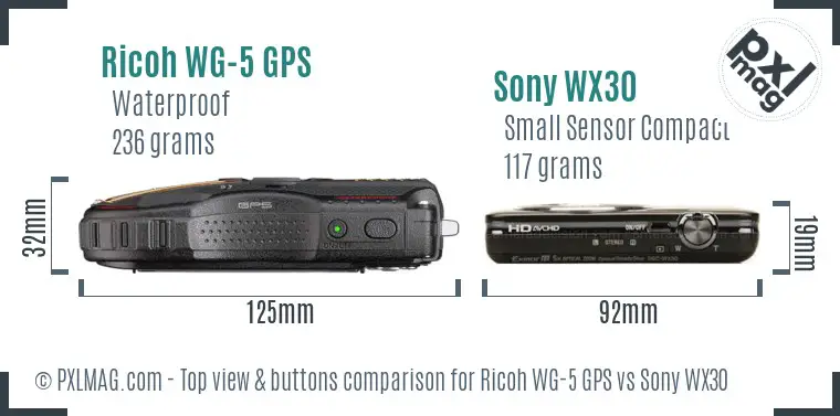 Ricoh WG-5 GPS vs Sony WX30 top view buttons comparison