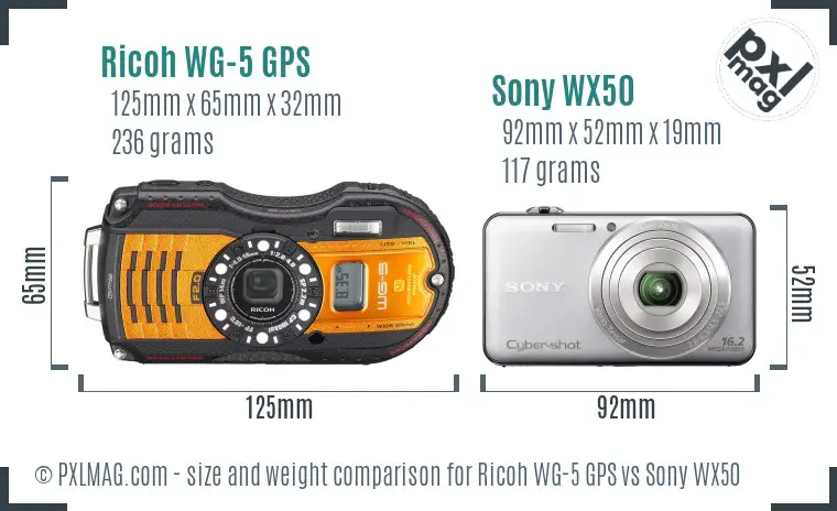 Ricoh WG-5 GPS vs Sony WX50 size comparison