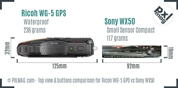 Ricoh WG-5 GPS vs Sony WX50 top view buttons comparison