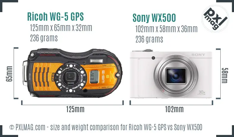 Ricoh WG-5 GPS vs Sony WX500 size comparison