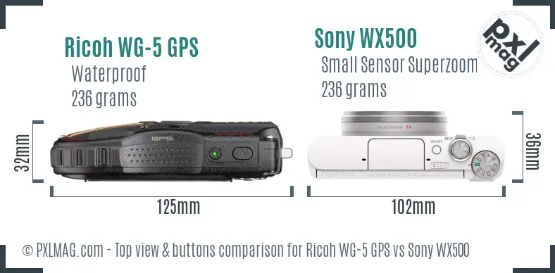 Ricoh WG-5 GPS vs Sony WX500 top view buttons comparison