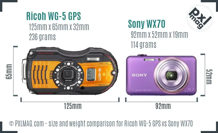 Ricoh WG-5 GPS vs Sony WX70 size comparison
