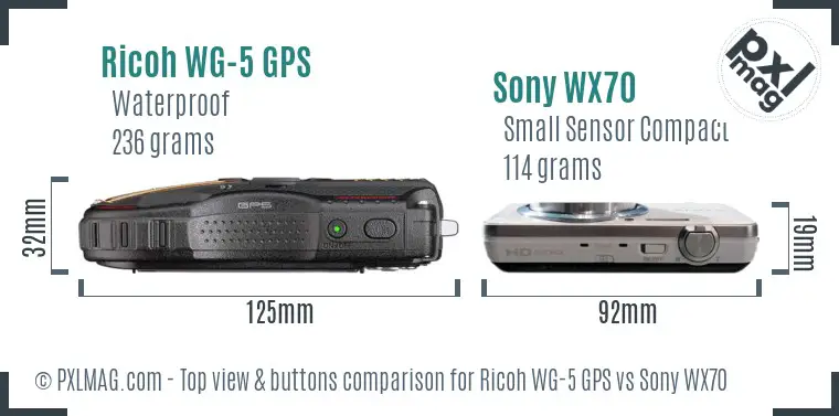Ricoh WG-5 GPS vs Sony WX70 top view buttons comparison