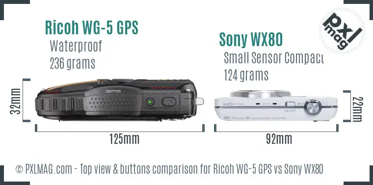 Ricoh WG-5 GPS vs Sony WX80 top view buttons comparison