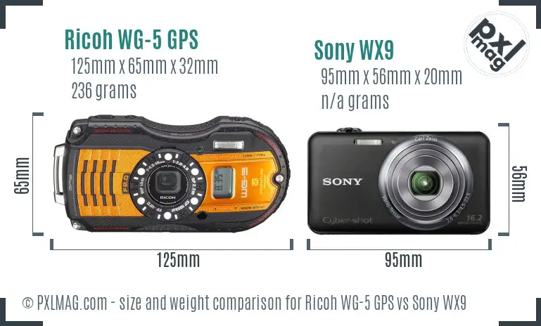 Ricoh WG-5 GPS vs Sony WX9 size comparison