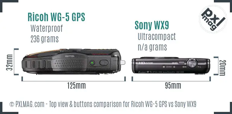 Ricoh WG-5 GPS vs Sony WX9 top view buttons comparison