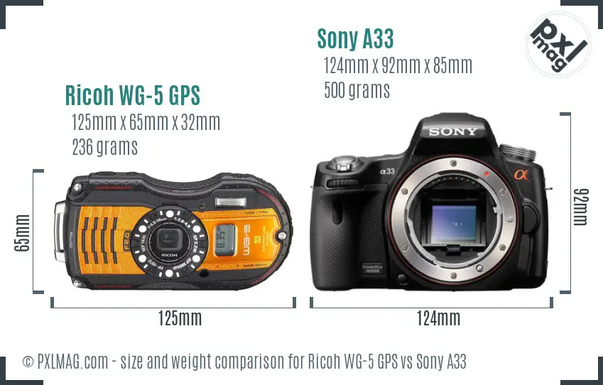 Ricoh WG-5 GPS vs Sony A33 size comparison