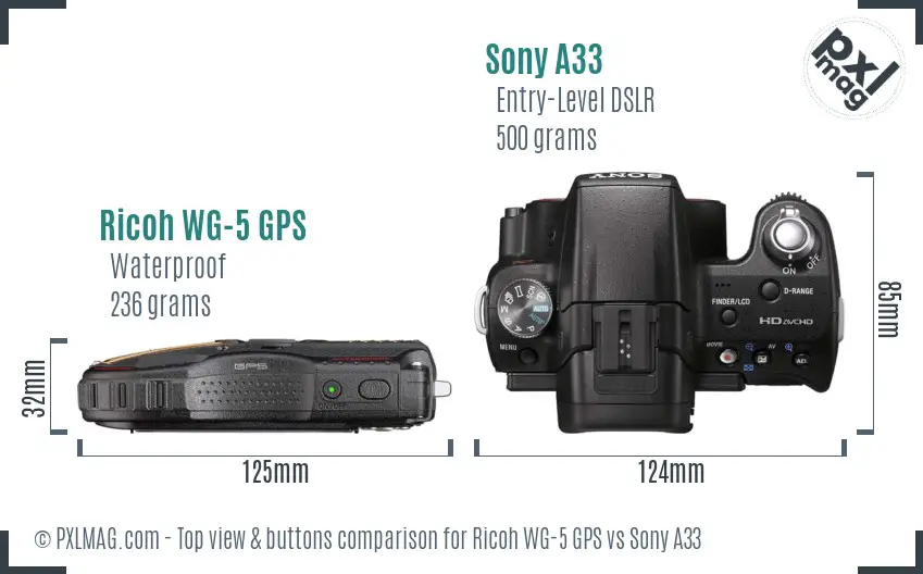 Ricoh WG-5 GPS vs Sony A33 top view buttons comparison