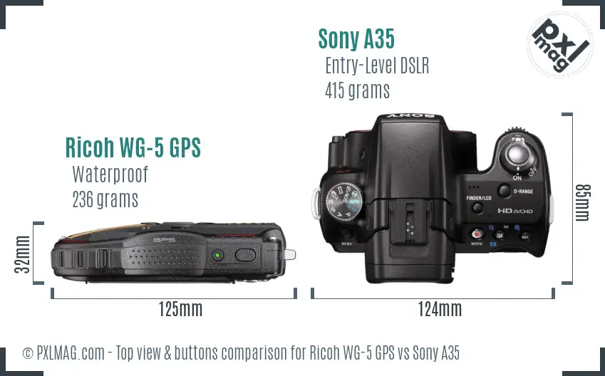 Ricoh WG-5 GPS vs Sony A35 top view buttons comparison