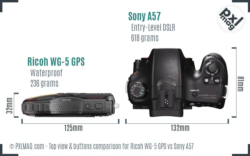 Ricoh WG-5 GPS vs Sony A57 top view buttons comparison