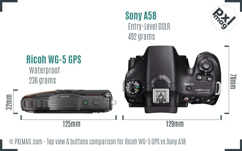 Ricoh WG-5 GPS vs Sony A58 top view buttons comparison