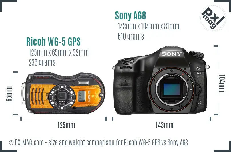 Ricoh WG-5 GPS vs Sony A68 size comparison