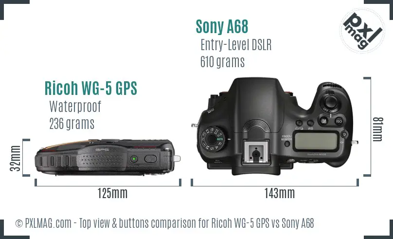 Ricoh WG-5 GPS vs Sony A68 top view buttons comparison