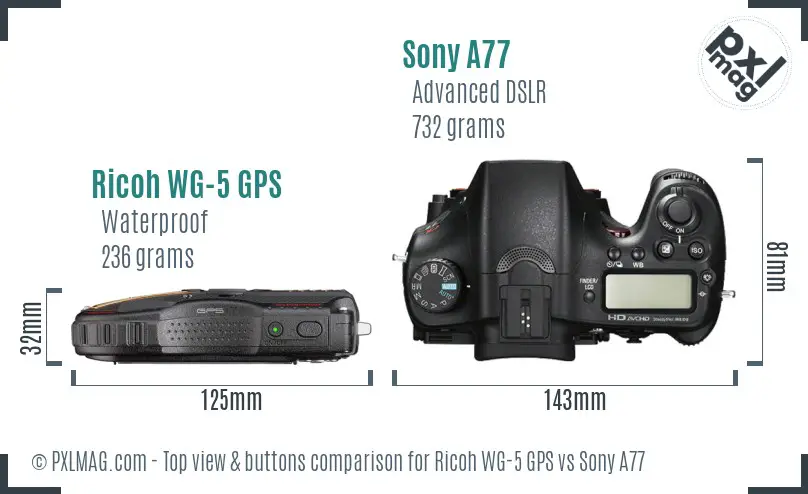 Ricoh WG-5 GPS vs Sony A77 top view buttons comparison