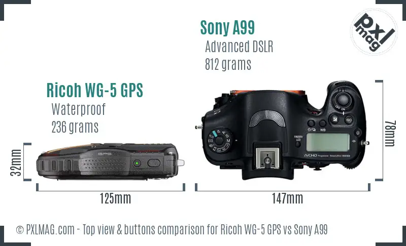 Ricoh WG-5 GPS vs Sony A99 top view buttons comparison