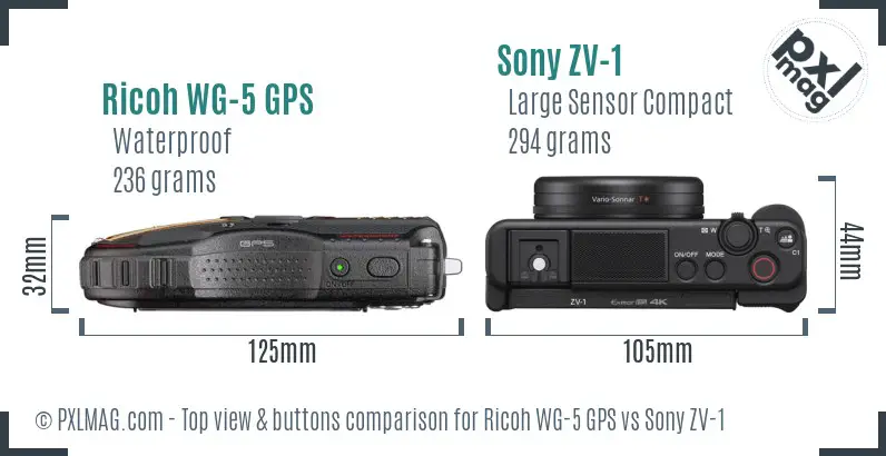 Ricoh WG-5 GPS vs Sony ZV-1 top view buttons comparison