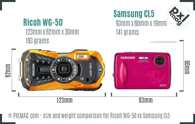 Ricoh WG-50 vs Samsung CL5 size comparison