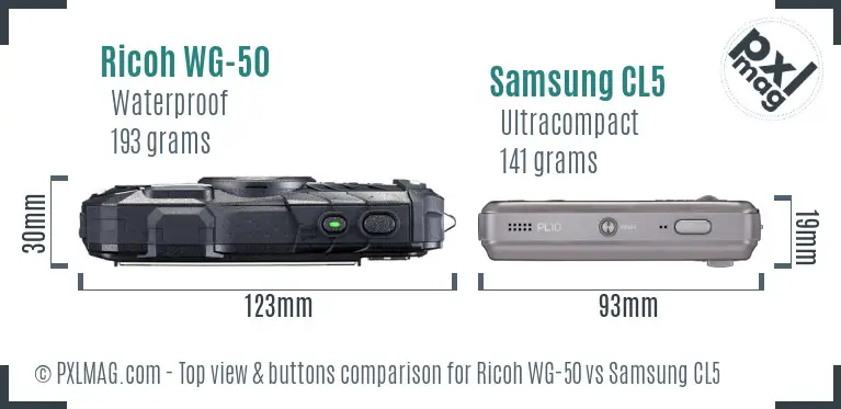 Ricoh WG-50 vs Samsung CL5 top view buttons comparison