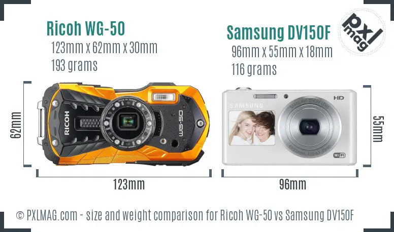 Ricoh WG-50 vs Samsung DV150F size comparison