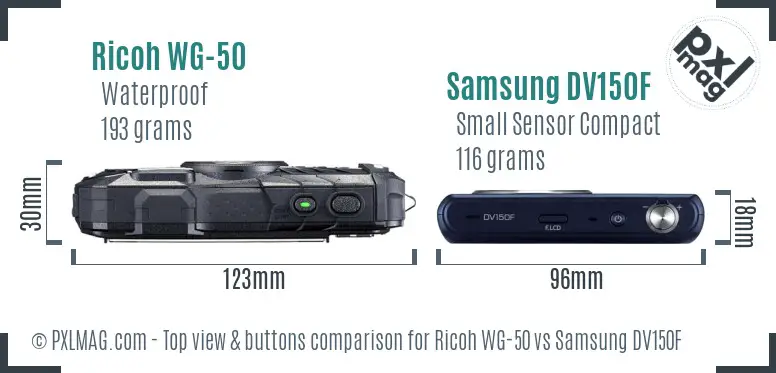 Ricoh WG-50 vs Samsung DV150F top view buttons comparison