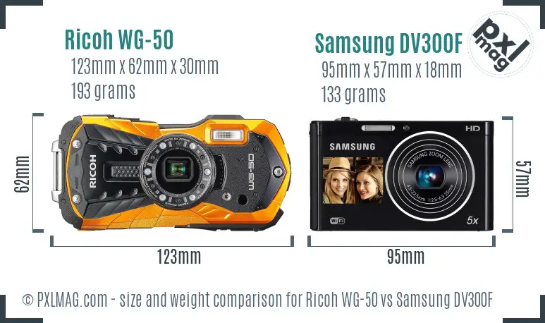 Ricoh WG-50 vs Samsung DV300F size comparison