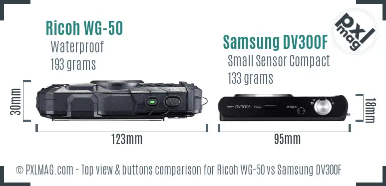 Ricoh WG-50 vs Samsung DV300F top view buttons comparison