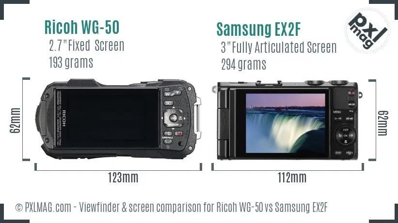 Ricoh WG-50 vs Samsung EX2F Screen and Viewfinder comparison