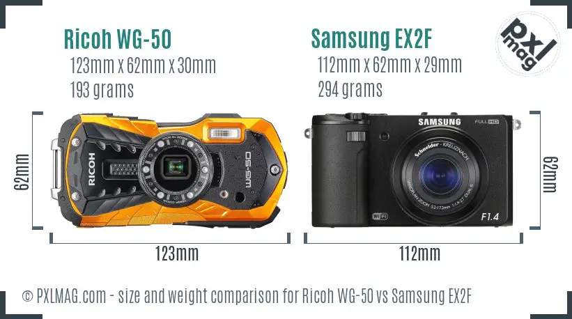 Ricoh WG-50 vs Samsung EX2F size comparison