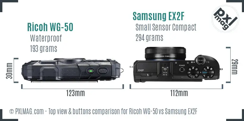 Ricoh WG-50 vs Samsung EX2F top view buttons comparison