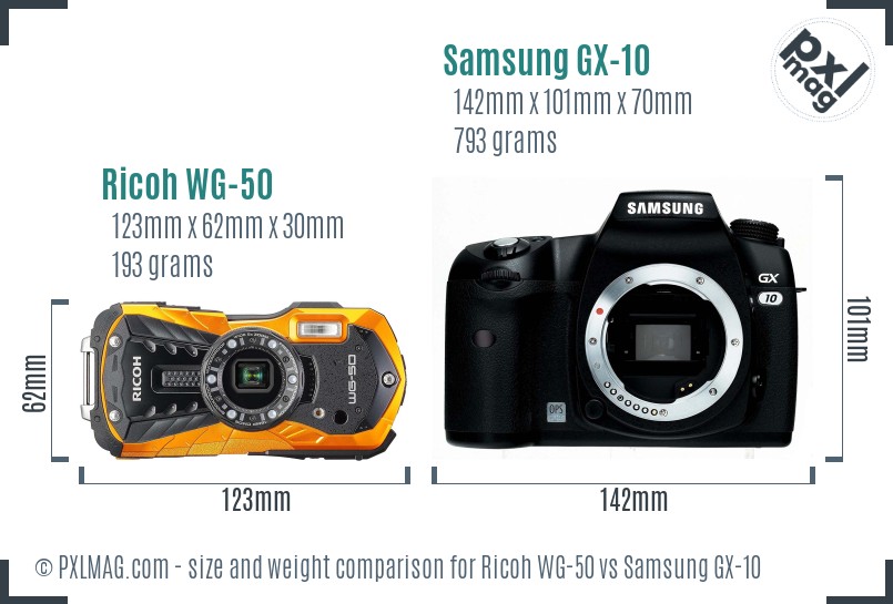Ricoh WG-50 vs Samsung GX-10 size comparison
