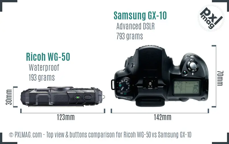 Ricoh WG-50 vs Samsung GX-10 top view buttons comparison