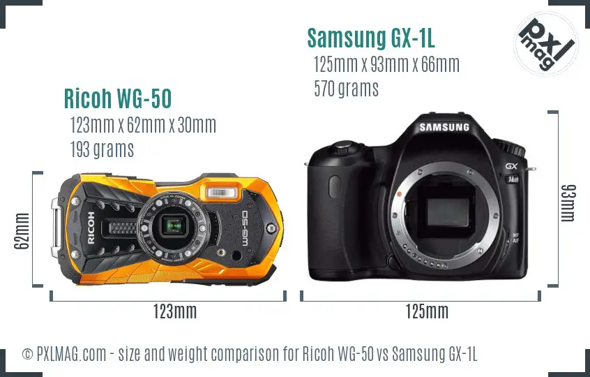 Ricoh WG-50 vs Samsung GX-1L size comparison