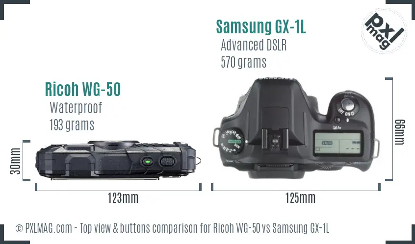 Ricoh WG-50 vs Samsung GX-1L top view buttons comparison