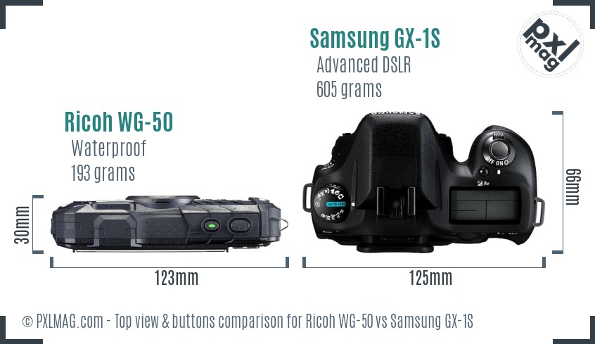 Ricoh WG-50 vs Samsung GX-1S top view buttons comparison